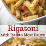 Rigatoni pasta tossed with a mirepoix of vegetables and spices in a fire roasted tomato meat sauce makes the perfect quick, weeknight meal. 