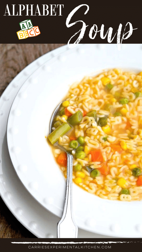 a bowl of alphabet soup with a spoon