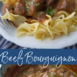 Beef Bourguignon made with beef cubes, pearl onions and mushrooms in a Cognac, red wine brown gravy is comfort food at its best. 