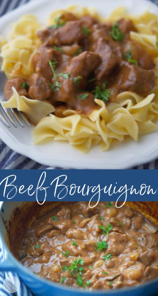 Beef Bourguignon made with beef cubes, pearl onions and mushrooms in a Cognac, red wine brown gravy is comfort food at its best. 