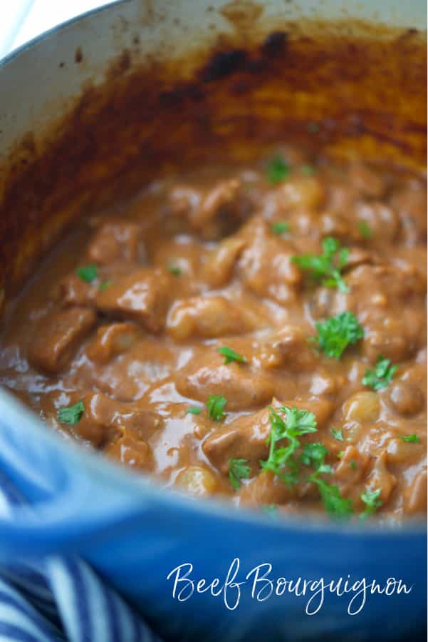 Beef Bourguignon made with beef cubes, pearl onions and mushrooms in a Cognac, red wine brown gravy is comfort food at its best. 