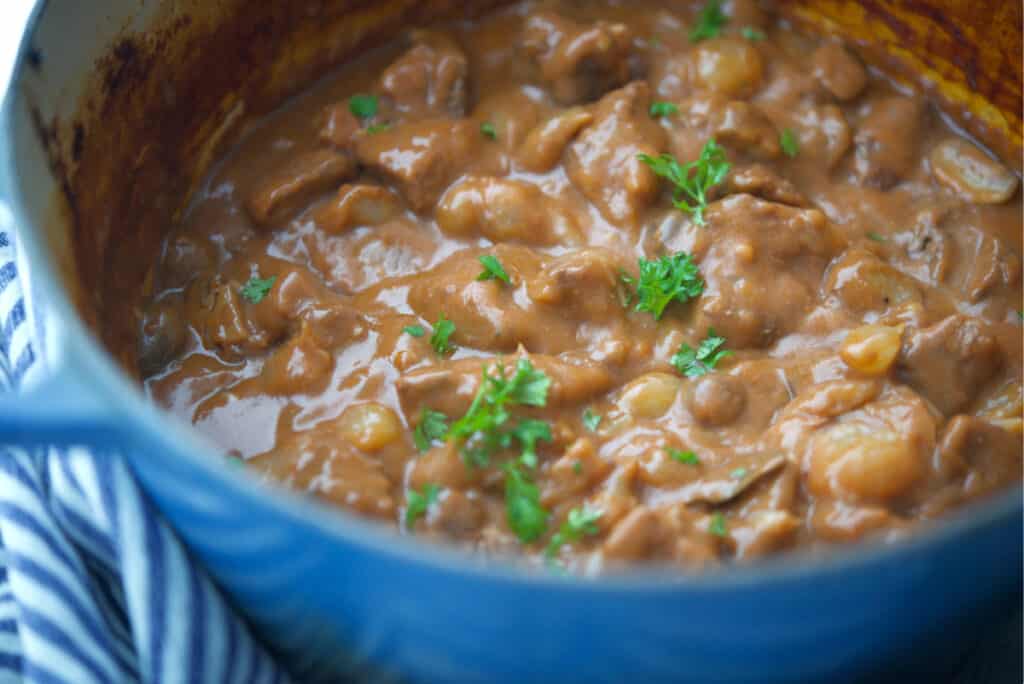 Beef Bourguignon in Dutch oven