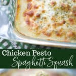 This short cut Chicken Pesto Spaghetti Squash can be ready in 30 minutes for a quick, delicious weeknight meal! 