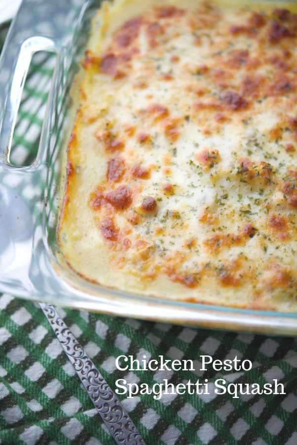 This short cut Chicken Pesto Spaghetti Squash can be ready in 30 minutes for a quick, delicious weeknight meal! 