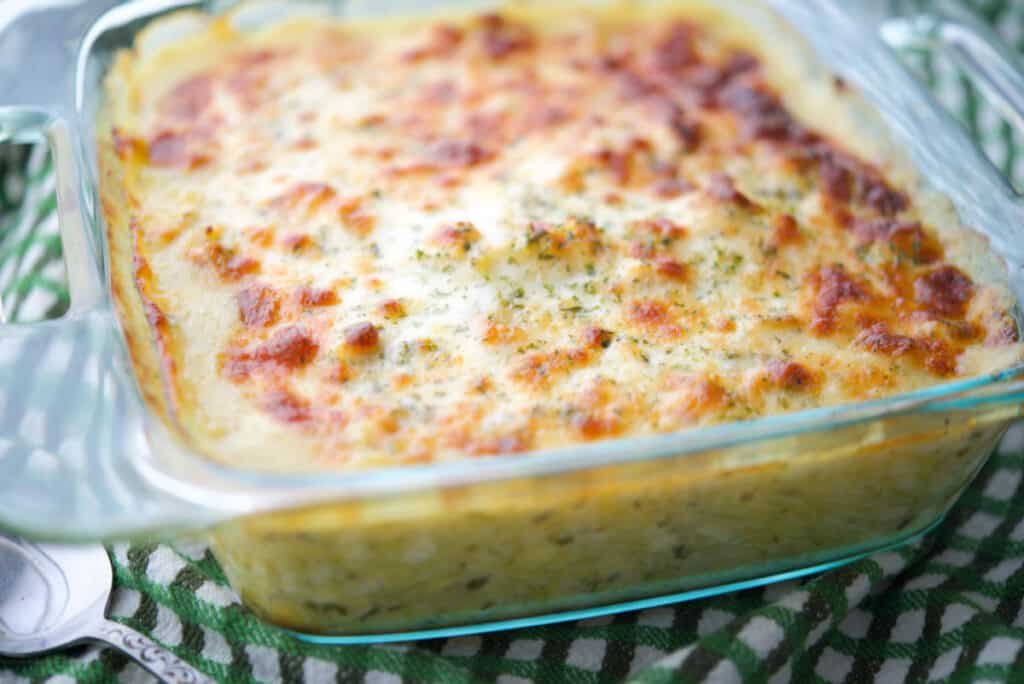 Chicken Pesto Spaghetti Squash in casserole dish