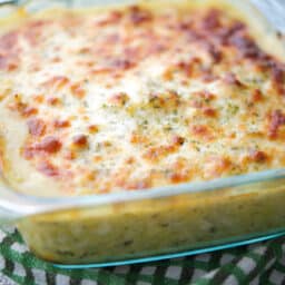 Chicken Pesto Spaghetti Squash in casserole dish