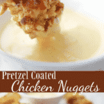 Boneless diced chicken breasts coated with a crunchy pretzel crust; then baked and served with a honey mustard dipping sauce.