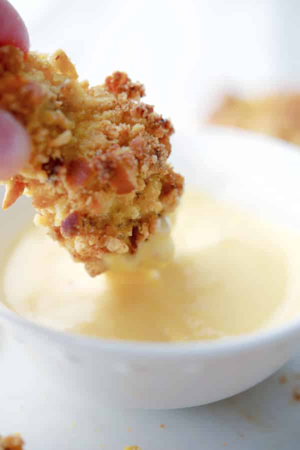 Pretzel Chicken Nuggets with dipping sauce