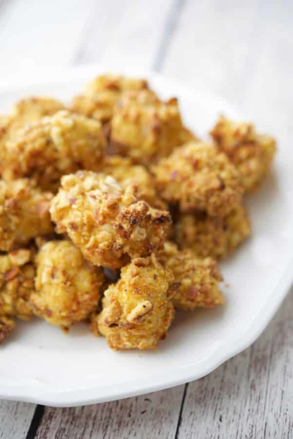 Pretzel Coated chicken Nuggets on a plate