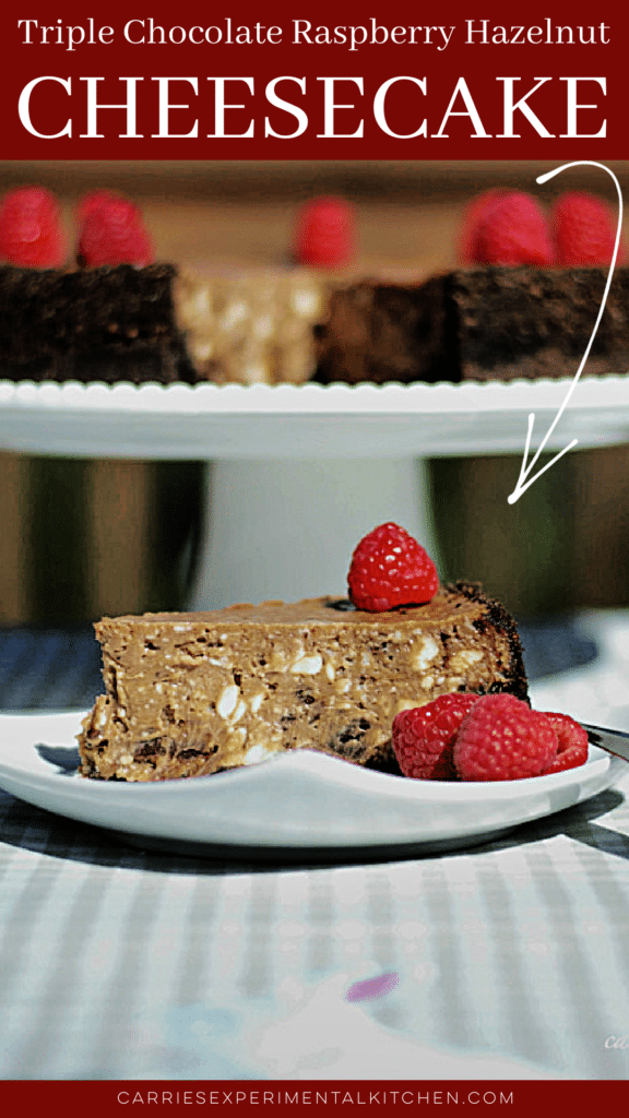 a piece of triple chocolate raspberry cheesecake on a plate