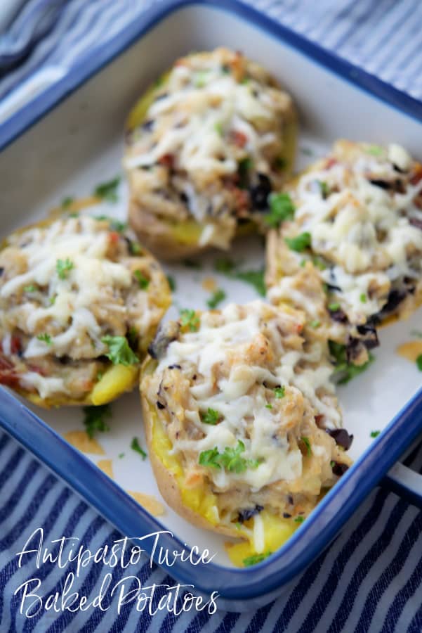 Antipasto Twice Baked Potatoes in a dish.