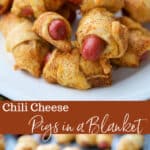Chili Cheese Pigs in a Blanket on a white plate collage