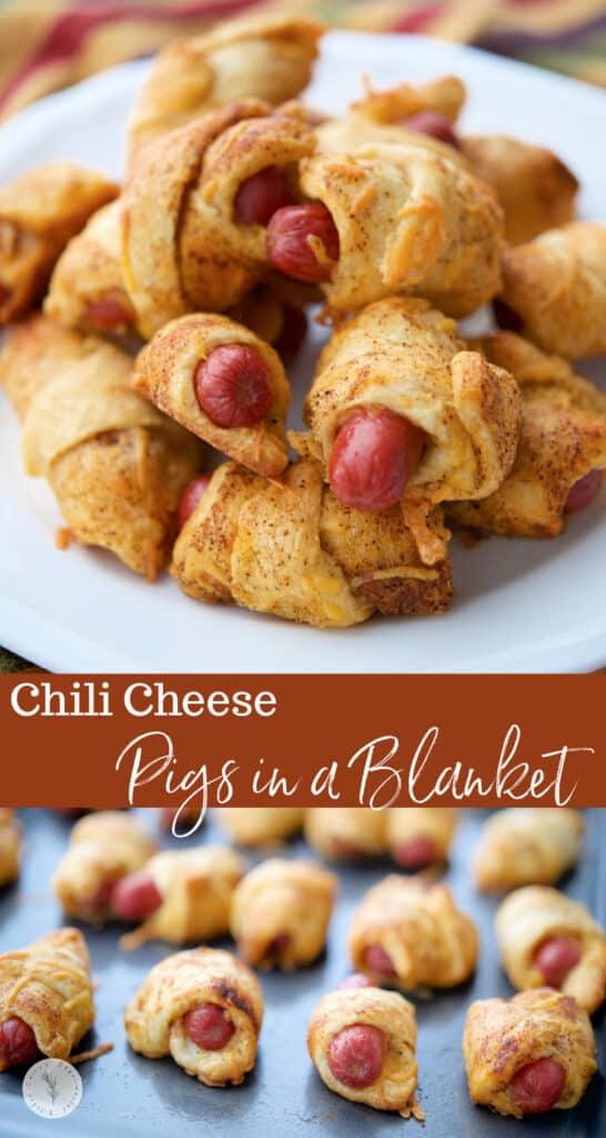 Chili Cheese Pigs in a Blanket on a white plate collage