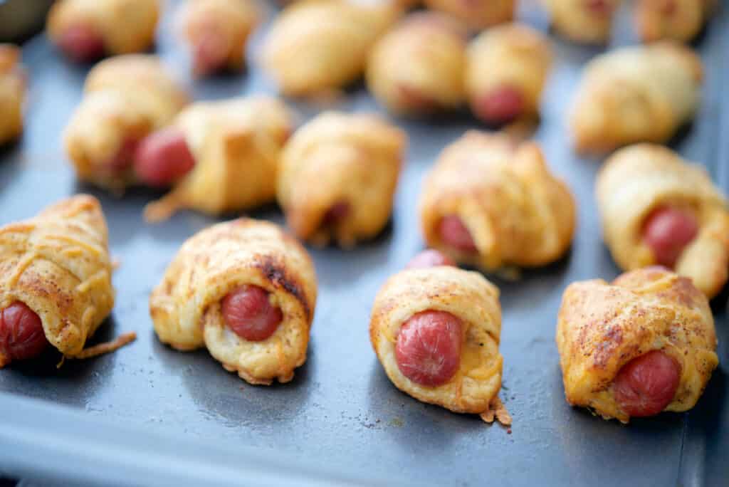 Chili Cheese Pigs in a Blanket on sheet pan