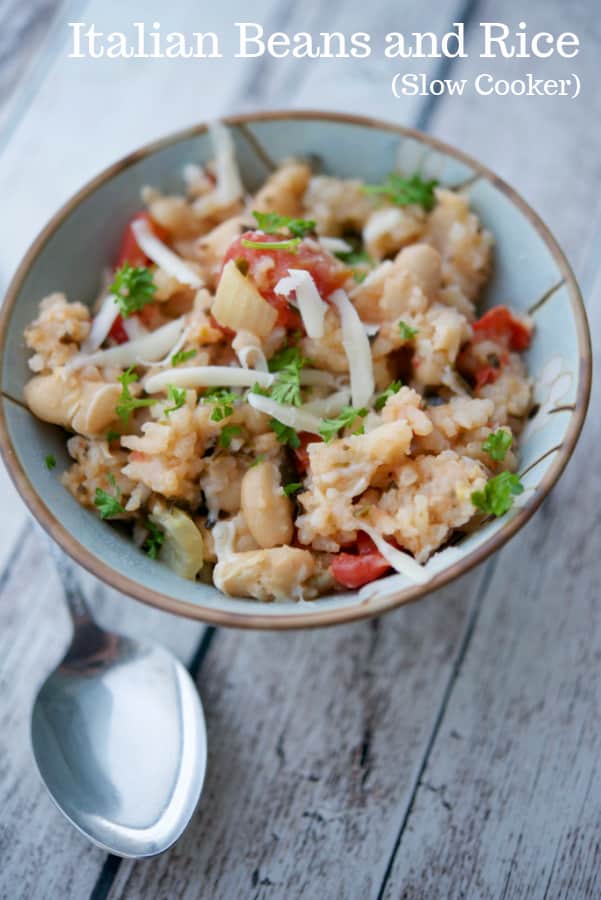 Italian Beans and Rice made in the slow cooker with Cannellini beans, fire roasted tomatoes, fennel and pesto. 