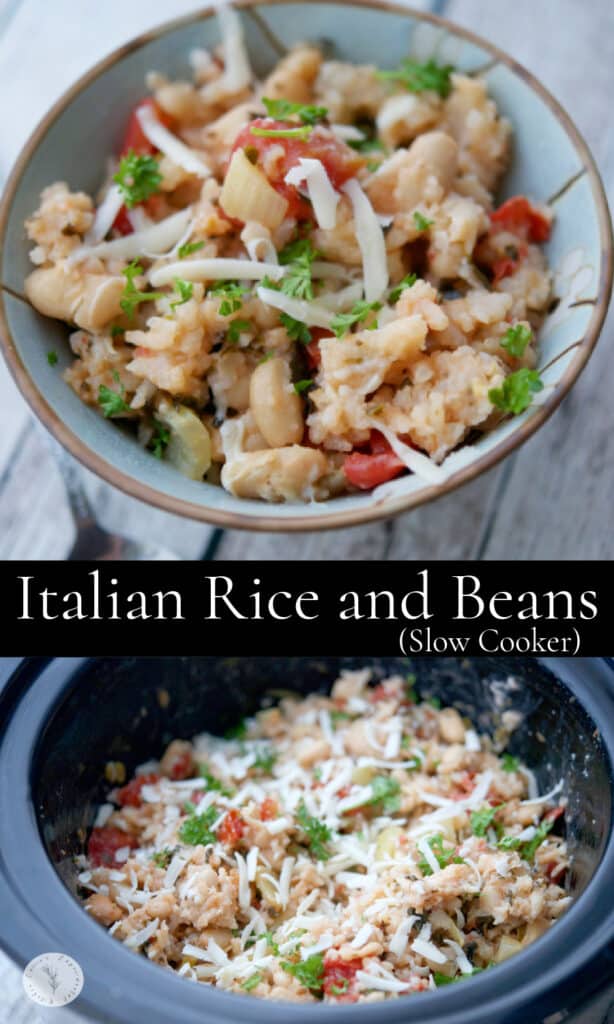 Italian Beans and Rice made in the slow cooker with Cannellini beans, fire roasted tomatoes, fennel and pesto.