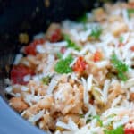 Italian Beans and Rice made in the slow cooker with Cannellini beans, fire roasted tomatoes, fennel and pesto.