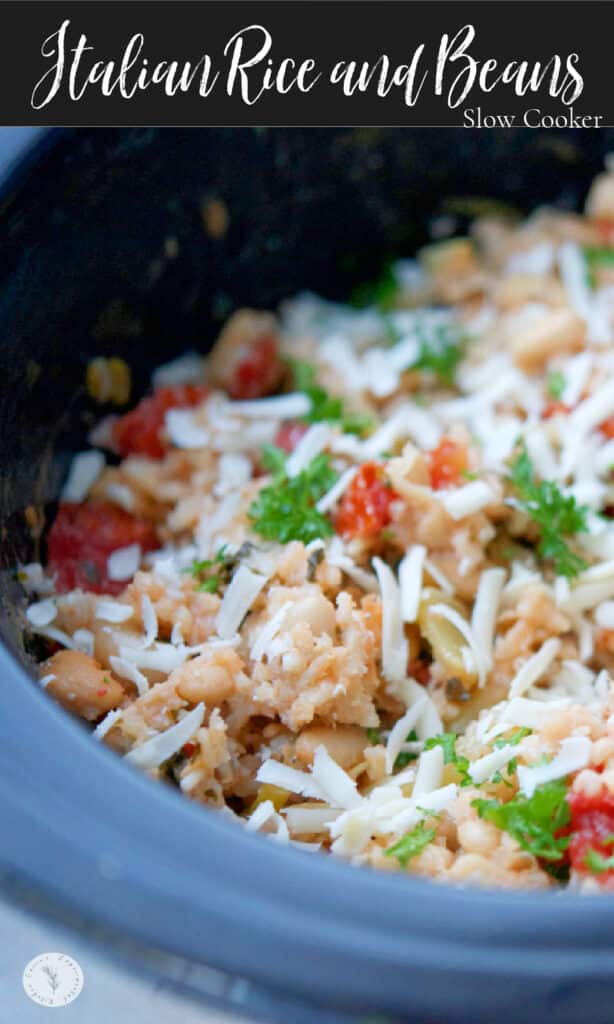 Italian Beans and Rice made in the slow cooker with Cannellini beans, fire roasted tomatoes, fennel and pesto.