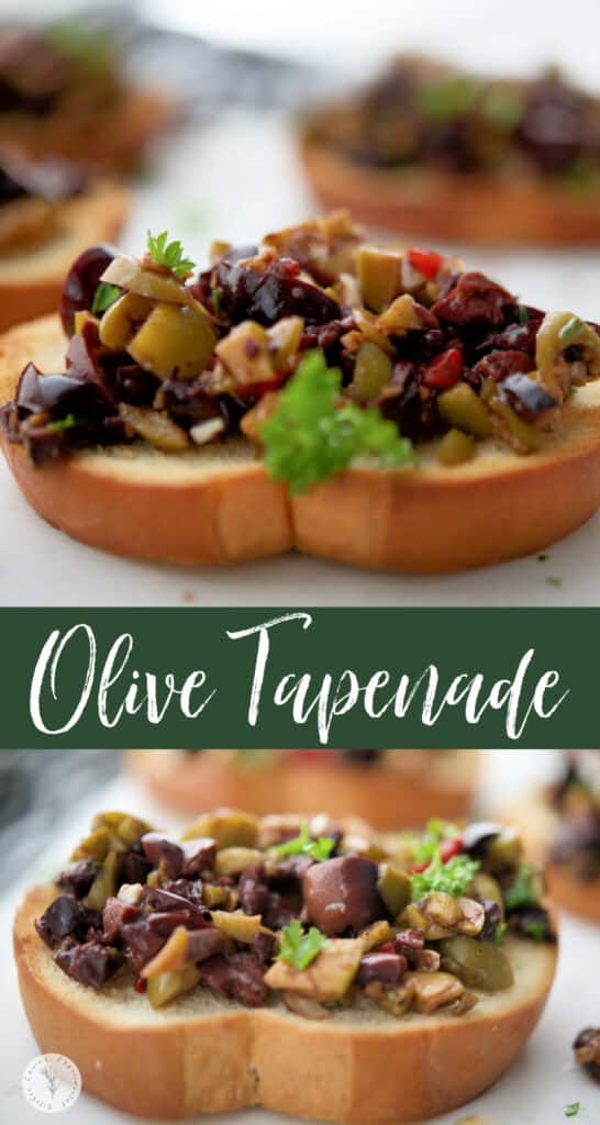 Olive Rosemary Tapenade made with a variety of olives like Kalamata, Pimento, Garlic and Sicilian on toasted bread rounds make a tasty, last minute appetizer. 