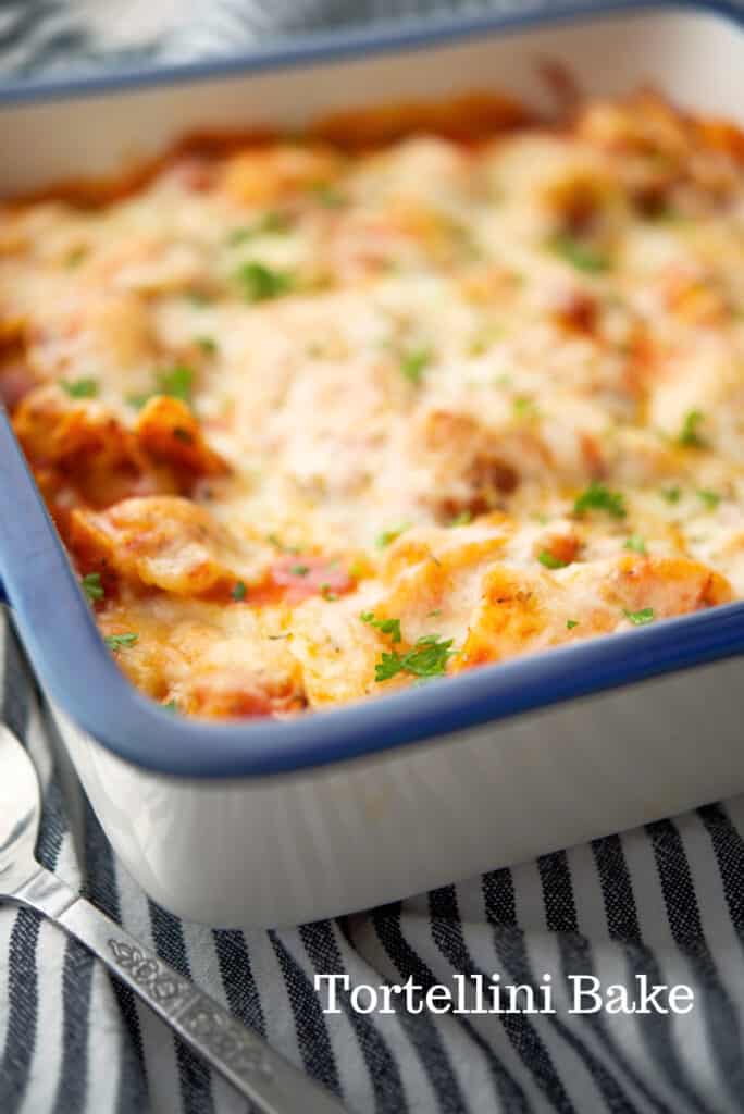 A close up of a Tortellini Bake in a dish