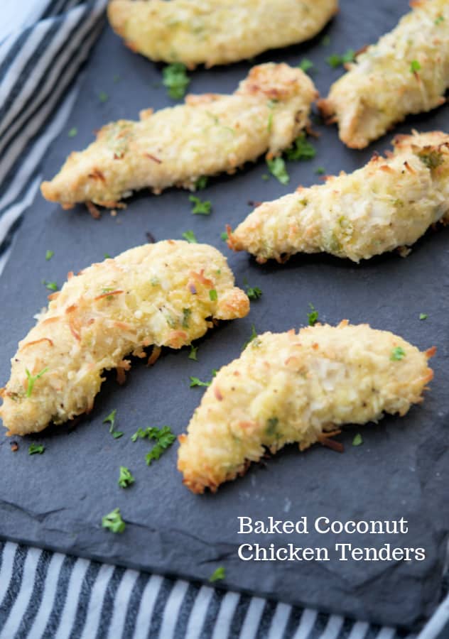 Baked Coconut Chicken Tenders on a slate board