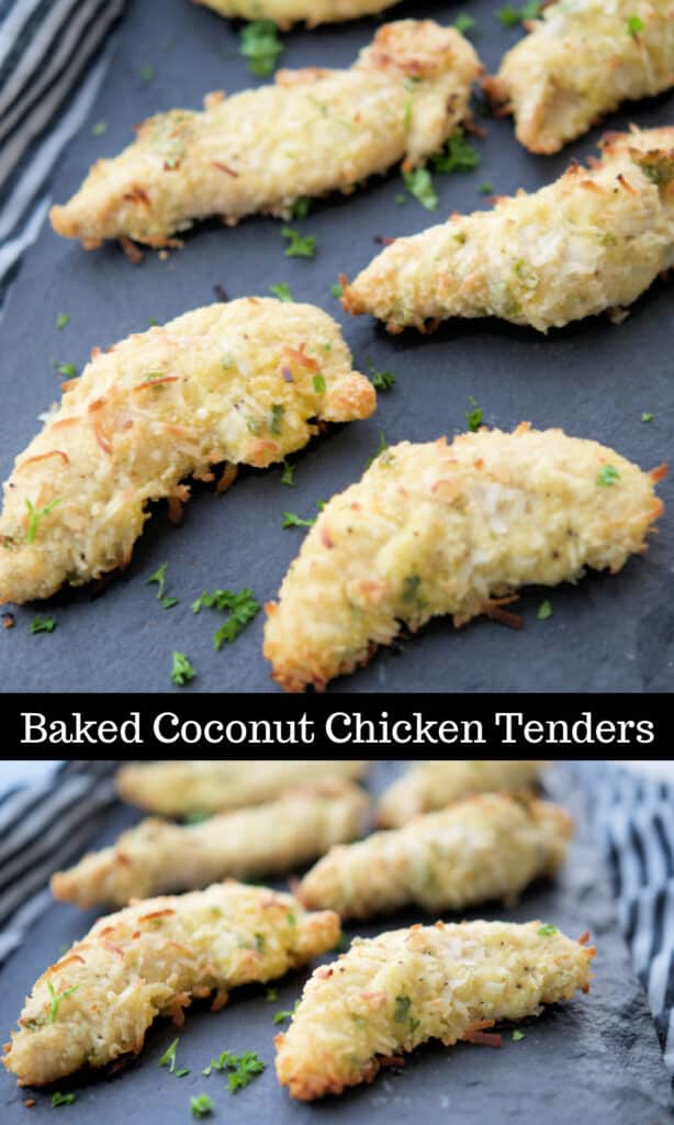Baked Coconut Chicken Tenders made chicken tenderloins, flaky coconut flakes and coconut flour are delicious, easy and gluten free.