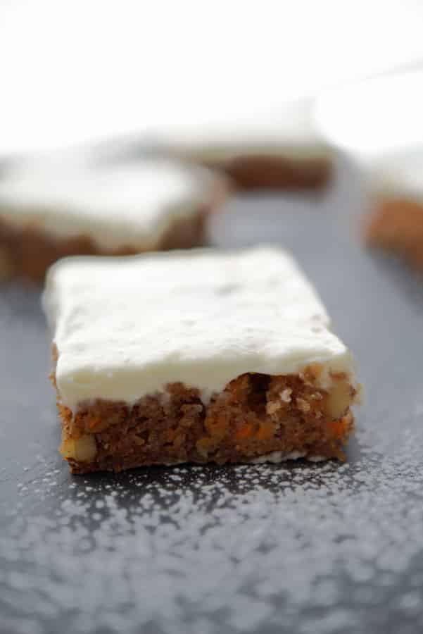 Carrot Cake Bars with Cream Cheese Icing on platter