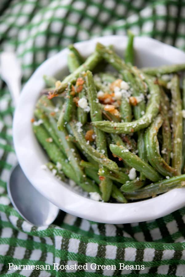 Parmesan Roasted Green Beans close up in a bowl. 