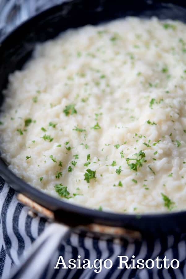 Italian Arborio rice, butter, shredded Asiago cheese and chicken broth make this deliciously creamy Asiago Risotto.