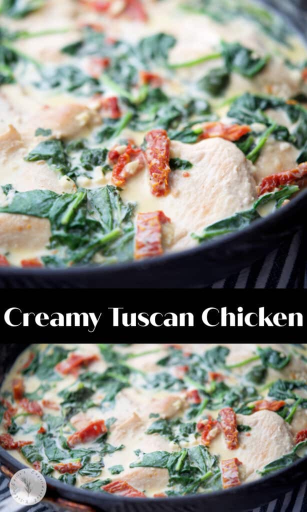 Creamy Tuscan Chicken made with boneless chicken pan seared in a skillet tossed with fresh spinach and sun dried tomatoes in an alfredo sauce.