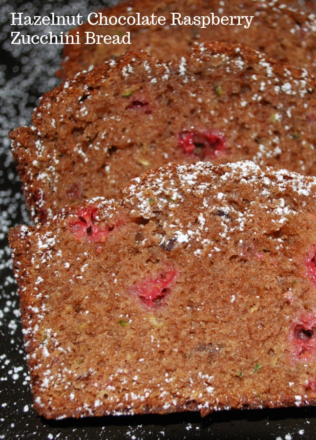 Hazelnut Chocolate Raspberry Zucchini Bread made with fresh grated zucchini, Nutella and raspberries makes a delicious snack. 