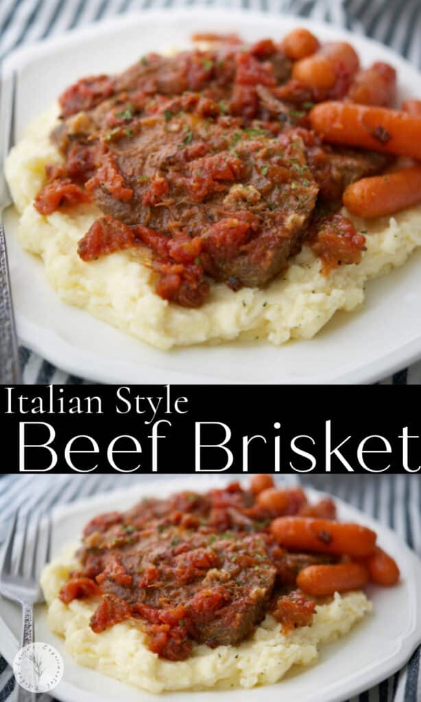 Oven roasted beef brisket made Italian style with oregano, garlic and fire roasted tomatoes makes a tasty, comforting family meal.