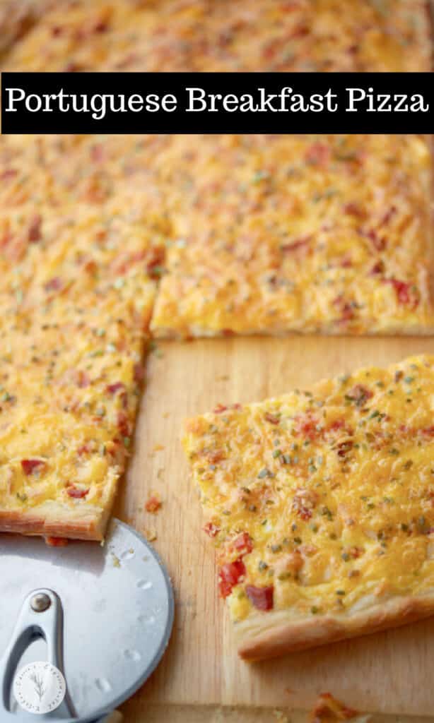 Pizza dough topped with Portuguese chourico, potatoes, tomatoes, chives, eggs and Cheddar cheese makes a tasty breakfast.