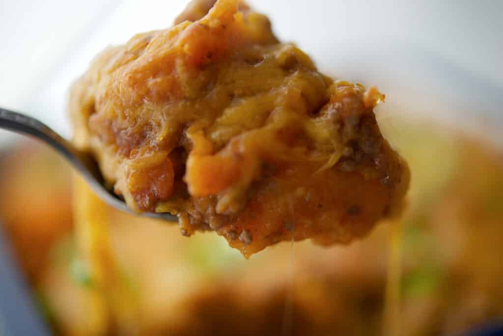 Taco Sweet Potato Casserole on a spoon