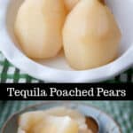 Bosc pears slowly poached in a crock pot with tequila, pear nectar, sugar and lime juice makes a tasty adult treat.