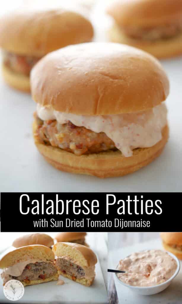 Calabrese Patties made with ground beef, sweet Italian sausage, sun dried tomatoes and Mozzarella cheese.; then placed on top of a bun with a Sun Dried Tomato Dijonaise.