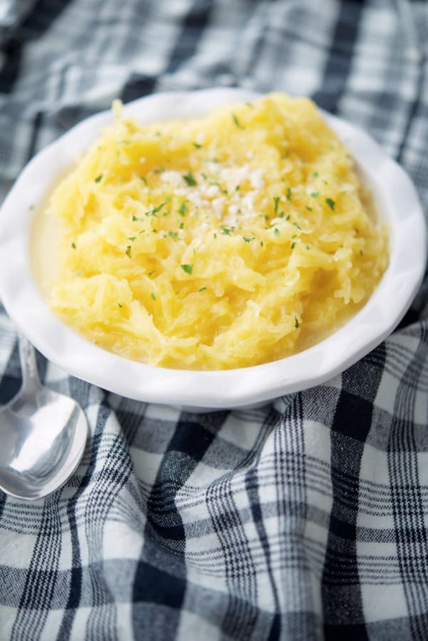 Parmesan Garlic Butter Spaghetti Squash in a white bowl. 