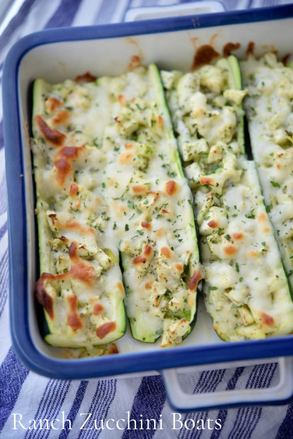 Ranch Zucchini Boats are stuffed with chopped fresh zucchini, garlic, Ranch seasoning, EVOO and shredded Mozzarella cheese. 