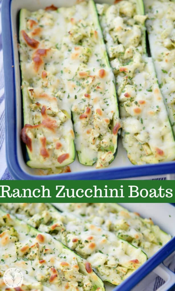 Ranch Zucchini Boats are stuffed with chopped fresh zucchini, garlic, Ranch seasoning, EVOO and shredded Mozzarella cheese. 