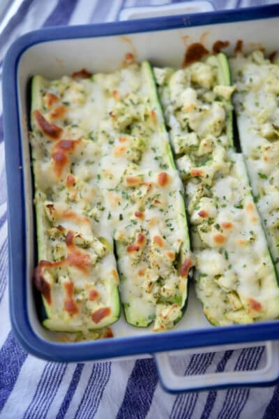 Ranch Zucchini Boats are stuffed with chopped fresh zucchini, garlic, Ranch seasoning, EVOO and shredded Mozzarella cheese. 