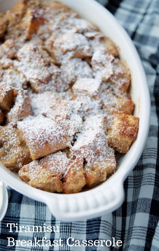 Tiramisu Breakfast Casserole in a white dish for two. 