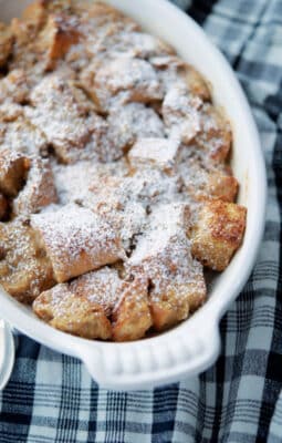 Tiramisu Breakfast Casserole for two in a white oven safe baking dish.