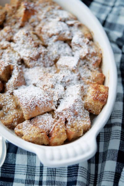 Tiramisu Breakfast Casserole for two in a white oven safe baking dish.