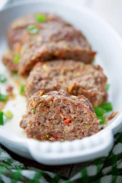 Vegetable Meatloaf in a white casserole dish