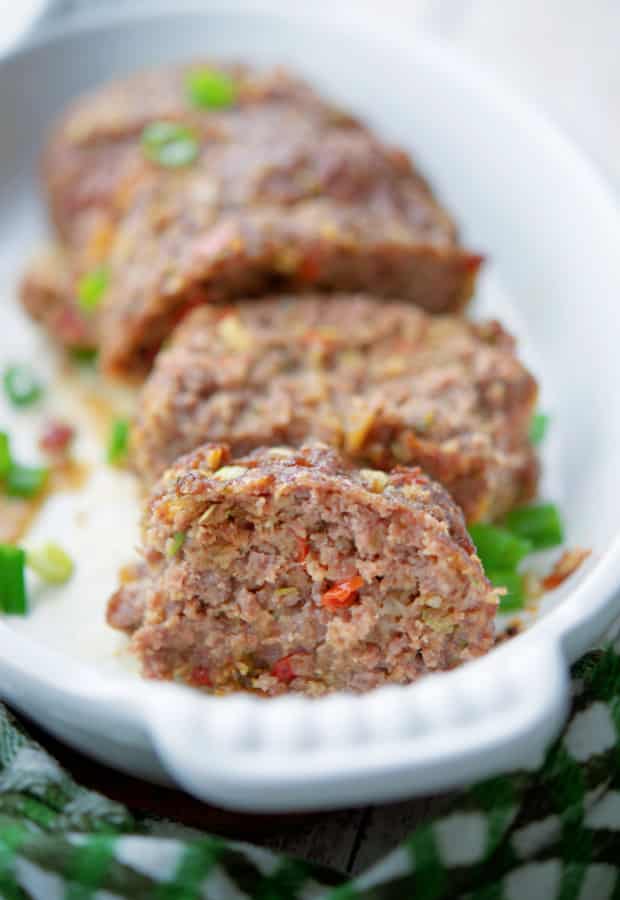 Vegetable Meatloaf in a white casserole dish