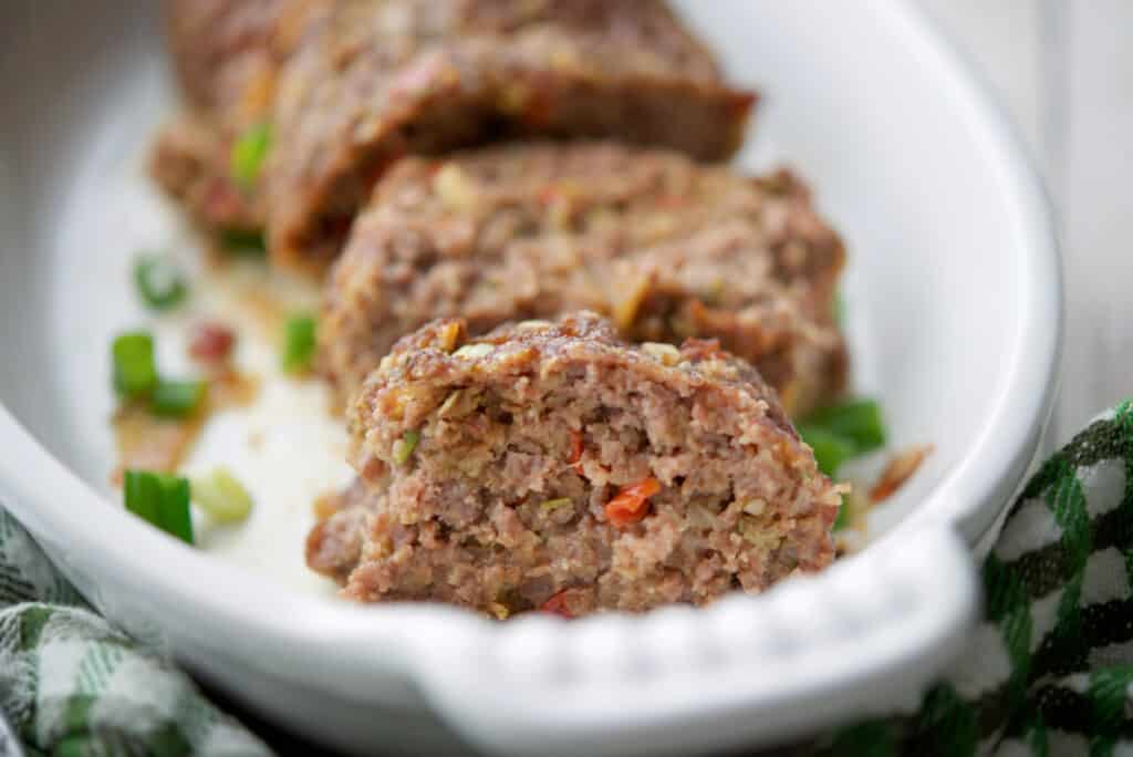 A close up of sliced Vegetable Meatloaf. 