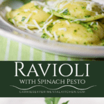 collage photo of ravioli with spinach pesto on a plate