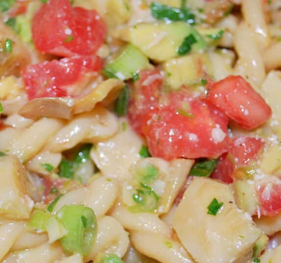 This salad made with pasta combined with fresh avocado, tomatoes, and artichoke hearts; then tossed in a light Cilantro Lime Vinaigrette. 