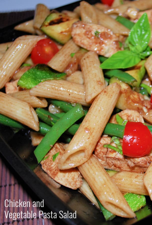 This cold penne pasta salad tossed with chicken grilled vegetables in a light balsamic vinaigrette is one of our favorite warm weather meals. 