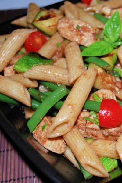 Cold Chicken and Grilled Vegetable Pasta Salad in a Balsamic Vinaigrette